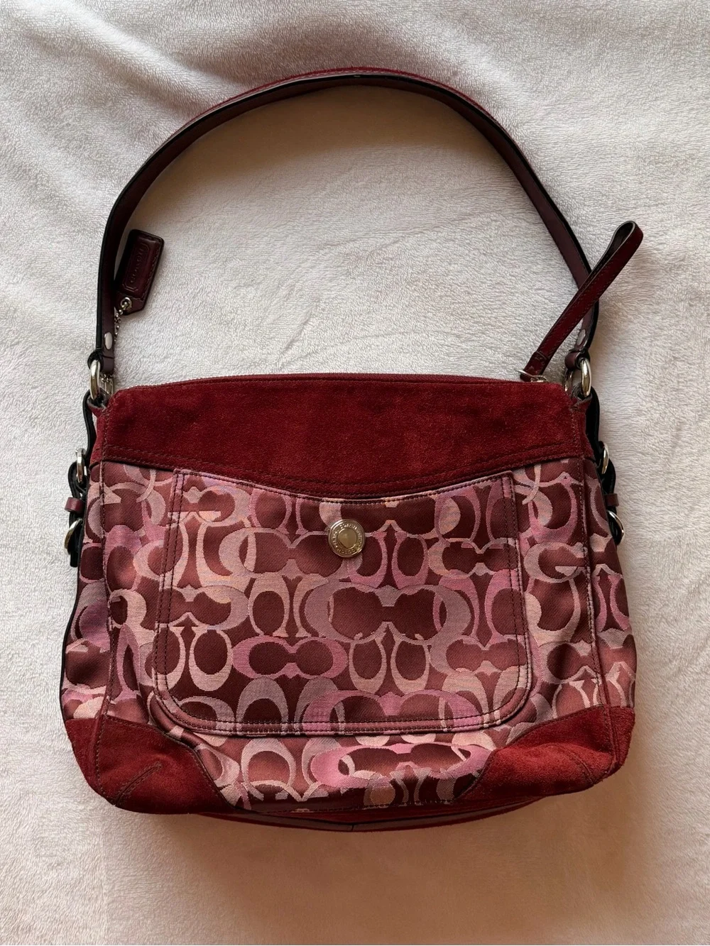 Vintage Coach Pink and Burgundy Signature Canvas Shoulder Bag